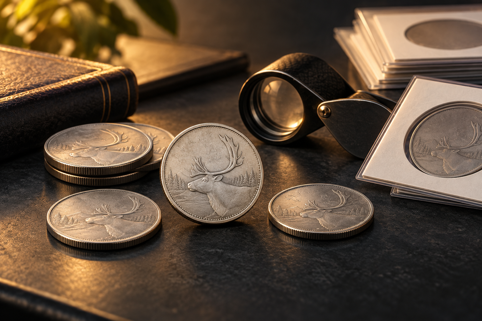 Editorial illustration of Canadian quarters with a collecting loupe and archival coin holders.